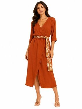 Glamorous Rust Orange Wrap Midi Dress with Floral Sash